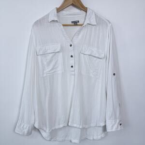 Falls Creek‎ Linen Blend Popover Top Womens Sz 1X Roll Tab Sleeves Pockets Gauzy